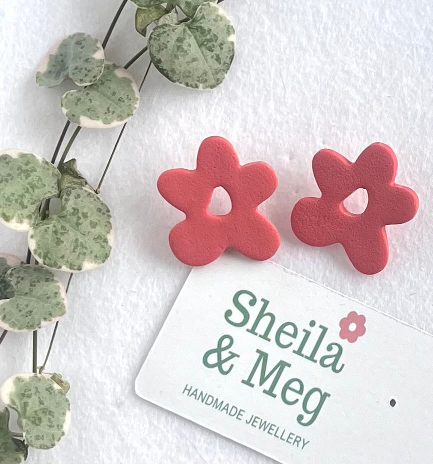 Abstract Flower Studs - Coral